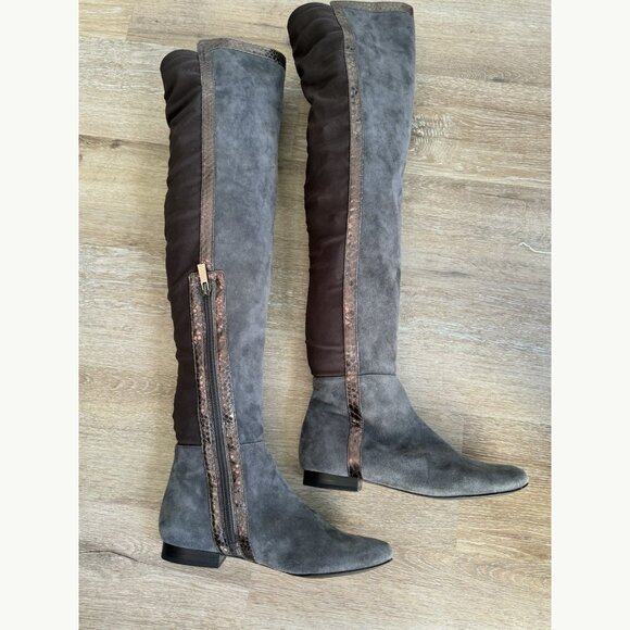 Vince Camuto Filtra Over The Knee Boots Size 6 Gray Suede Bronze Snake Trim - Picture 7 of 11